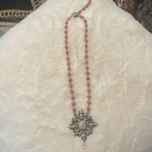 Vintage-Inspired Coral Beaded Necklace with Floral Pendant